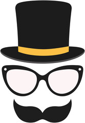 Vintage silhouette of hat, mustaches, glasses flat icon isolated on white background.