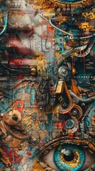 Showcase a street art cyborg masterpiece with a fresh take on camera angles, highlighting the intricate details and contrasting textures in photorealistic glory