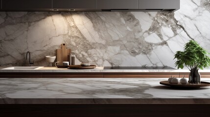 Marble stone countertop on kitchen interior background.