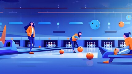 Joyful Female Bowler in Colorful Bowling Alley