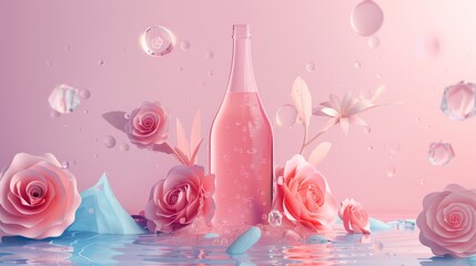 In this 3D illustration, droplet bottles are decorated with romantic paper roses