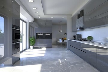 A modern kitchen with clean lines, high gloss cabinets, and state-of-the-art appliances