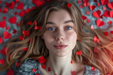 Young Caucasian Woman Surrounded by Red Hearts for Valentine's Day Background Banner