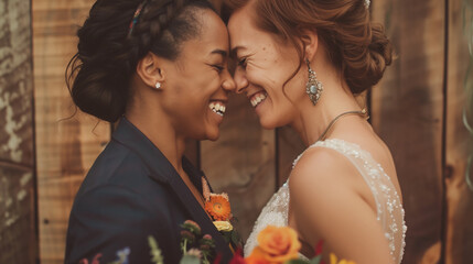 Two women in love of different races, black and white, are getting married, standing at the altar, smiling and looking at each other. One in a wedding dress, the other in a suit