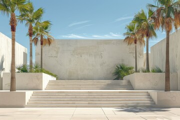 This image captures a symmetrical modern walkway ending in a blank wall, flanked by tropical palm...