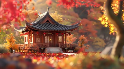 High-Resolution Miniature: Chinese Teahouse with Cinema4D Rendering and Autumn Trees