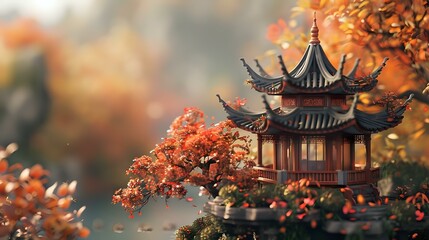 Chinese Teahouse Scene: Cinema4D Render with Depth and Autumn Foliage