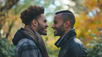 Multiethnic gay couple in the park Stock Photo photography