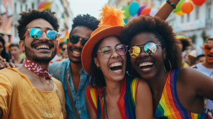 Multiracial gay people having fun at pride parade - Concept of lgbt and homosexual or transexual love Stock Photo photography