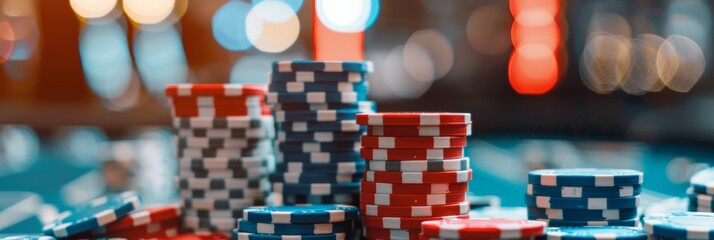stacks of poker chips on a gaming table in casino, close up shot of piled up gambling chips, casino banner concept with copy space, gamble venue header - Powered by Adobe