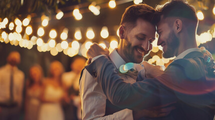 Newlywed Gay Couple Dancing on Wedding Celebration Stock Photo photography