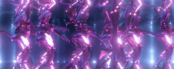 Craft a captivating long shot of robotic ballet Imagine a futuristic stage where dancers and robots intertwine