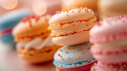 Obraz na płótnie Canvas Studio photography of trendy and fun French macarons, arranged in a colorful and artistic display, vibrant colors