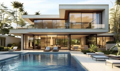 Obraz premium Generative ai illustration of a architect sketch from a house with swimming pool