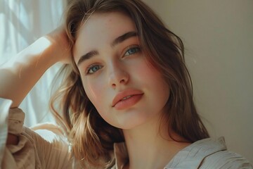 Fototapeta premium Fresh Faced Caucasian Woman Embraces Sleek Minimalist Interior Design