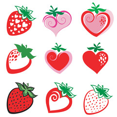 set of Strawberry icon isolated on white background. Vegetarian cafe print, poster, card. Natural, organic dessert sweet, fresh berry, Vector illustration 