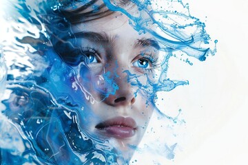 Young Caucasian Woman with Fluid Blue Abstract Design on White Background