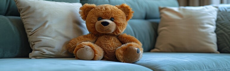 Fototapeta premium Close up of a cute little bear doll lying on a light green velvet sofa with beige pillows, modern living room, home interior design,4K Wallpaper