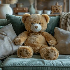 Close up of a cute little bear doll lying on a light green velvet sofa with beige pillows, modern living room, home  interior design,4K Wallpaper