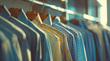Stylish collection of men's shirts hanging on display, showcasing an array of patterns and vibrant colors - Powered by Adobe