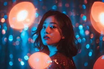 Young Asian Woman Glowing under Disco Ball Lights at Nightclub