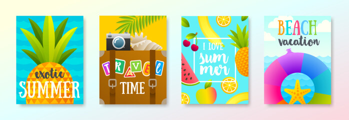 Set of tropical beach vacation and summer holidays design. Vector illustration for poster or greeting card.