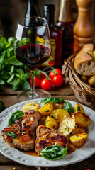 Decadent Traditional Umbrian Cuisine Served on Rustic Wooden Table Setting Featuring Succulent Pork and Hearty Sides