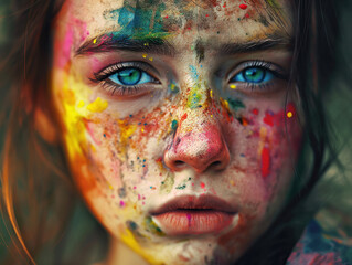 Colorful Paint Splatters on Young Woman's Face in Close-up