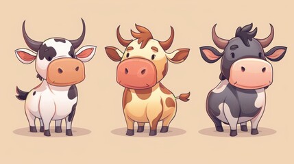 Animated cartoon cow characters isolated on a beige background. The ox is the Chinese zodiac sign of 2021.
