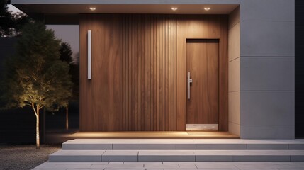 Modern entrance, simple wooden front door.
