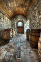 Classic French Wine Cellar with Traditional Wooden Barrels  