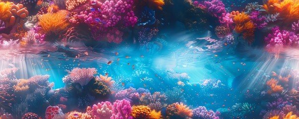 Immerse viewers in an otherworldly realm with a low-angle view of a vibrant coral reef in a Virtual Reality setting