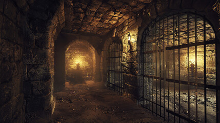 Medieval Dungeon Cellar with Torch-Lit Stone Walls and Iron Gates  