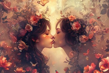romantic fantasy illustration of two women kissing amidst blooming roses and fluttering butterflies digital artwork