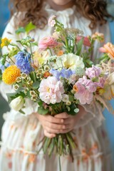 Child with a bouquet of wild flowers. Selective focus.