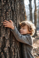 A child hugs a tree in the forest. Selective focus.