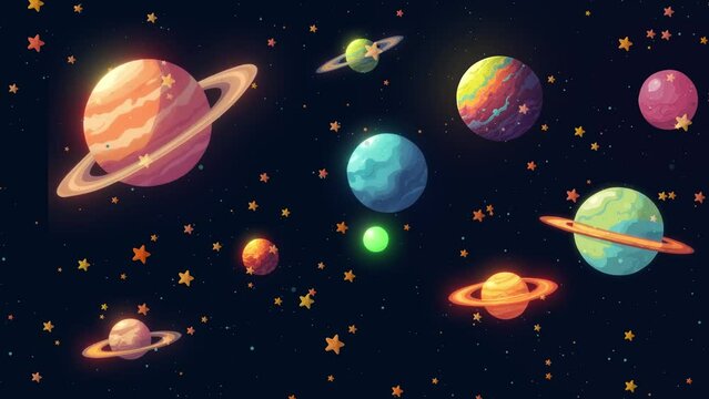 Unknown Cartoon Planets Animation On Space And Lots Of  Glowing Stars Moving, Cartoon Alien Planets Animation, Cartoon 2d Planets Moving, Science Fiction Cartoon Space Scene Animation Background 
