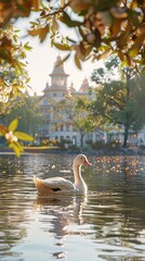 a serene scene featuring a white duck gracefully swimming in a lake, framed by trees and buildings in the background