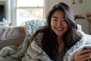 Young Asian Woman Smiling Happily on Sofa with Phone