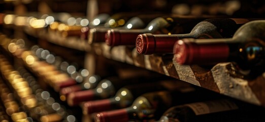 Resting wine bottles stacked on wooden racks in cellar