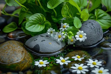 serene spa composition smooth stones delicate flowers and lush green plants in tranquil water still life photography