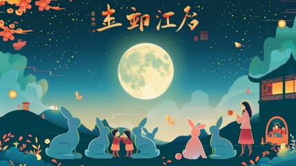 This banner depicts a jade rabbit having a family gathering at home and watching the moon at night. It is in Chinese and says "Mid Autumn Festival"