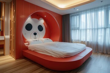 Modern red and white panda shape bed with pillows