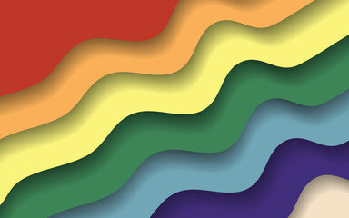 3D Abstract Rainbow Background in trend Cut Out paper style. Wave, Flowing, Dynamic Background. Pride Month concept. Playful Retro Vector can used Web banner, backdrop template.