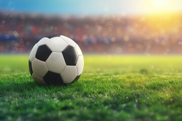 Fototapeta na wymiar In background of blurred stadium, soccer ball lies on grass at stadium. AI Generative