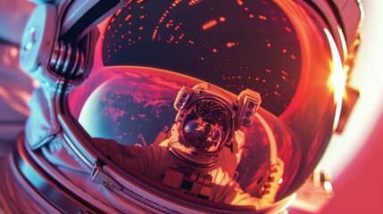 Stunning reflection of a spacewalk in astronaut's visor against a lunar landscape
