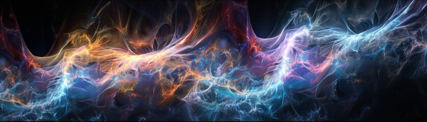 A dynamic composition of fractal waves, composed of millions of tiny particles, resembling a mesmerizing dance of light