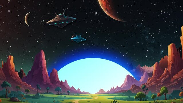 UFO Flying In Unknown Planet. Science Fiction 2d Cartoon Animation Background. Glowing Sun Rising In Unknown Planet And Alien Space Ship Flying In The Sky With Lots Of Stars Moving In Dark Sky. Cartoo