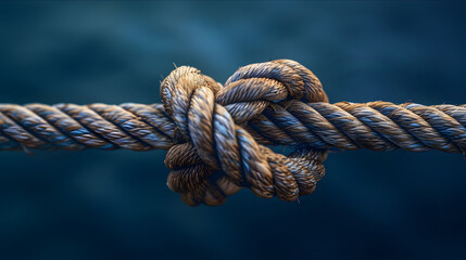 Fototapeta premium Closeup of an old rope with two loose ends tied together, symbolizing strength and connection, against dark blue background
