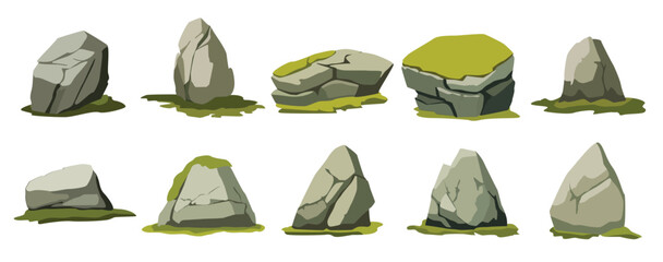 Mossy stone cartoon vector set, rock with moss illustration, natural environment design element for games or animation